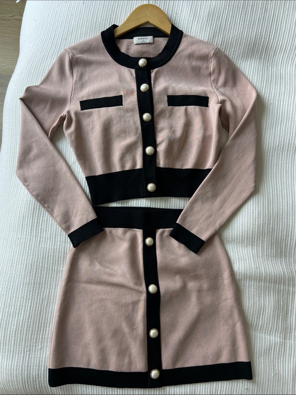 Babaton Blush Pink and Black Two-Piece Knit Skirt Set